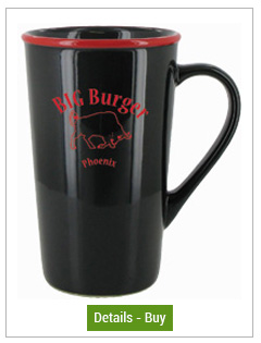 CLOSEOUT - 16 oz horizon funnel latte mug - black with red rimCLOSEOUT - 16 oz horizon funnel latte mug - black with red rim