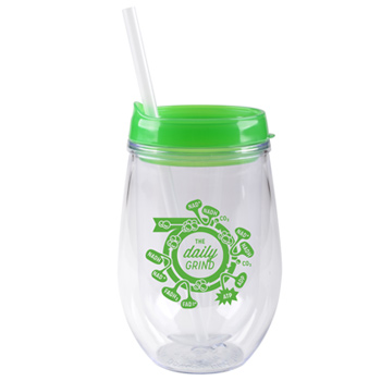 CLOSEOUT - 10 oz stemless dbl wall cup w/ lid and straw - Green