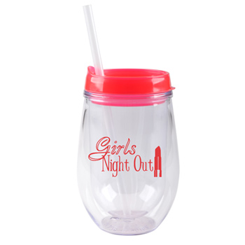 CLOSEOUT - 10 oz stemless dbl wall cup w/ lid and straw - Red