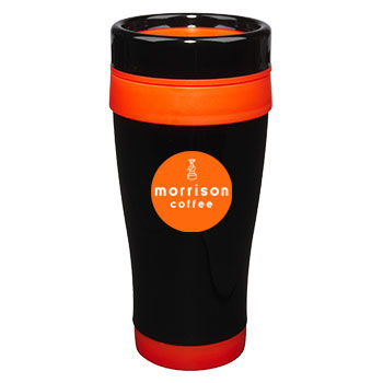 14 oz Formula Seven Black SS Travel Mug/Orange Accents